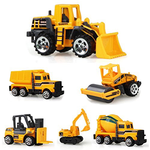 Odowalker Assorted Construction Vehicles Trucks Sand Box Toys Cute Mini Cars Excavator Cement Truck Dumper Tank Truck Bulldozer Forklift 6pcs